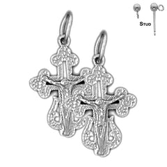 Sterling Silver 22mm Budded Crucifix Earrings (White or Yellow Gold Plated)