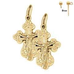 Sterling Silver 22mm Budded Crucifix Earrings (White or Yellow Gold Plated)