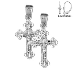 Pendientes de crucifijo de flor de lis de plata de ley de 28 mm (chapados en oro blanco o amarillo)