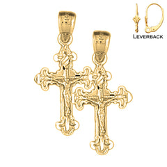 Sterling Silver 28mm Fleur de Lis Crucifix Earrings (White or Yellow Gold Plated)