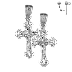 Pendientes de crucifijo de flor de lis de plata de ley de 28 mm (chapados en oro blanco o amarillo)