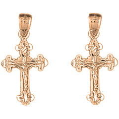 14K or 18K Gold 28mm Fleur de Lis Crucifix Earrings