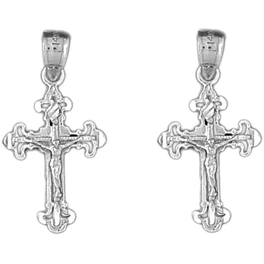 Sterling Silver 28mm Fleur de Lis Crucifix Earrings