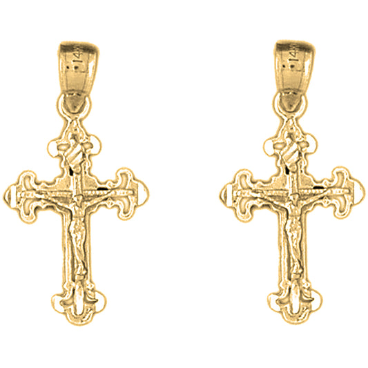 Yellow Gold-plated Silver 28mm Fleur de Lis Crucifix Earrings