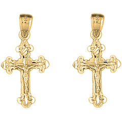 Yellow Gold-plated Silver 28mm Fleur de Lis Crucifix Earrings