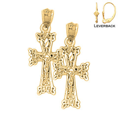Sterling Silver 28mm Budded Crucifix Earrings (White or Yellow Gold Plated)