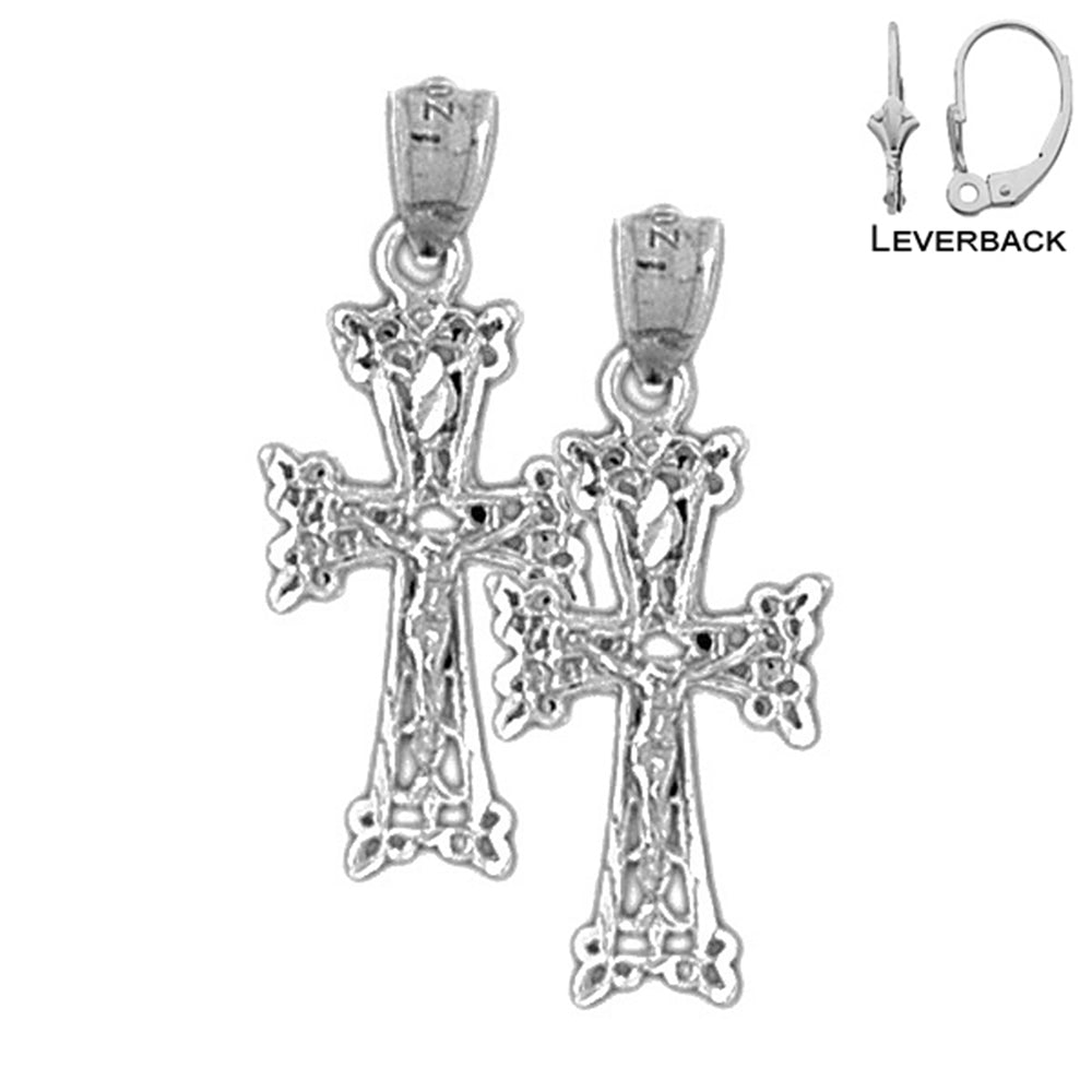 Sterling Silver 28mm Budded Crucifix Earrings (White or Yellow Gold Plated)