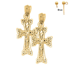 Sterling Silver 28mm Budded Crucifix Earrings (White or Yellow Gold Plated)