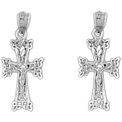 Sterling Silver 28mm Budded Crucifix Earrings