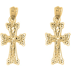 Yellow Gold-plated Silver 28mm Budded Crucifix Earrings