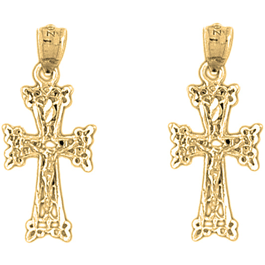 14K or 18K Gold 28mm Budded Crucifix Earrings