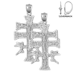 Sterling Silver 49mm Caravaca Crucifix Earrings (White or Yellow Gold Plated)