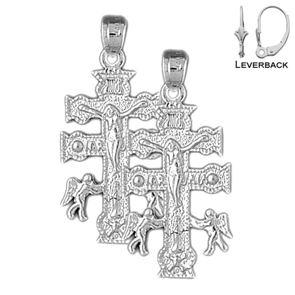 Sterling Silver 33mm Caravaca Crucifix Earrings (White or Yellow Gold Plated)