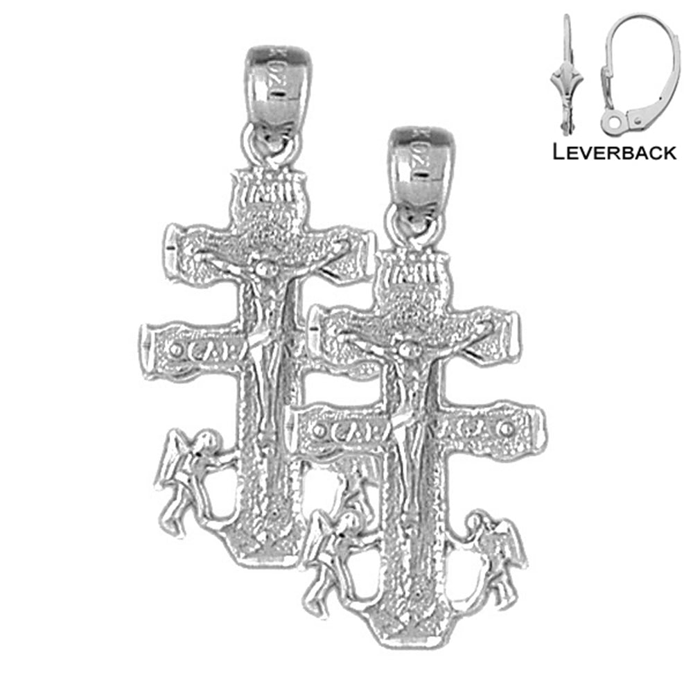 Pendientes de crucifijo de Caravaca de plata de ley de 30 mm (chapados en oro blanco o amarillo)