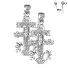 Sterling Silver 30mm Caravaca Crucifix Earrings (White or Yellow Gold Plated)