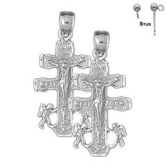 Pendientes de crucifijo de Caravaca de plata de ley de 30 mm (chapados en oro blanco o amarillo)