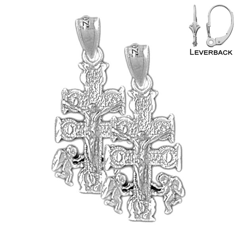 Pendientes de crucifijo de Caravaca de plata de ley de 28 mm (chapados en oro blanco o amarillo)