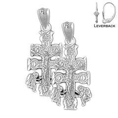 Sterling Silver 28mm Caravaca Crucifix Earrings (White or Yellow Gold Plated)