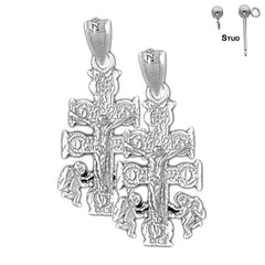 Sterling Silver 28mm Caravaca Crucifix Earrings (White or Yellow Gold Plated)