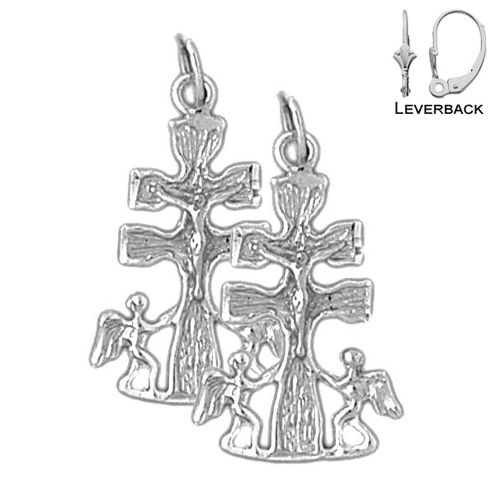 Sterling Silver 27mm Caravaca Crucifix Earrings (White or Yellow Gold Plated)