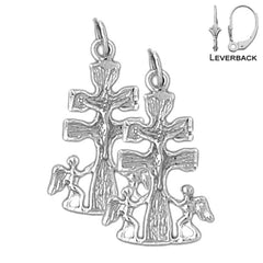 Sterling Silver 27mm Caravaca Crucifix Earrings (White or Yellow Gold Plated)