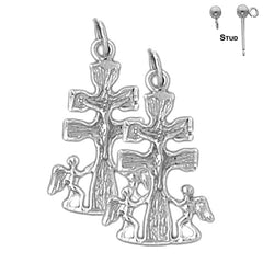 Sterling Silver 27mm Caravaca Crucifix Earrings (White or Yellow Gold Plated)