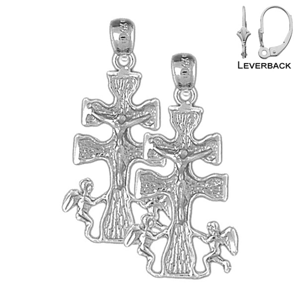 Sterling Silver 33mm Caravaca Crucifix Earrings (White or Yellow Gold Plated)