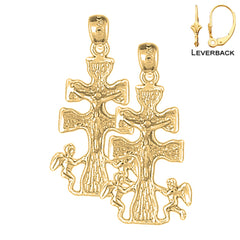 Sterling Silver 33mm Caravaca Crucifix Earrings (White or Yellow Gold Plated)