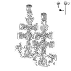 Sterling Silver 33mm Caravaca Crucifix Earrings (White or Yellow Gold Plated)