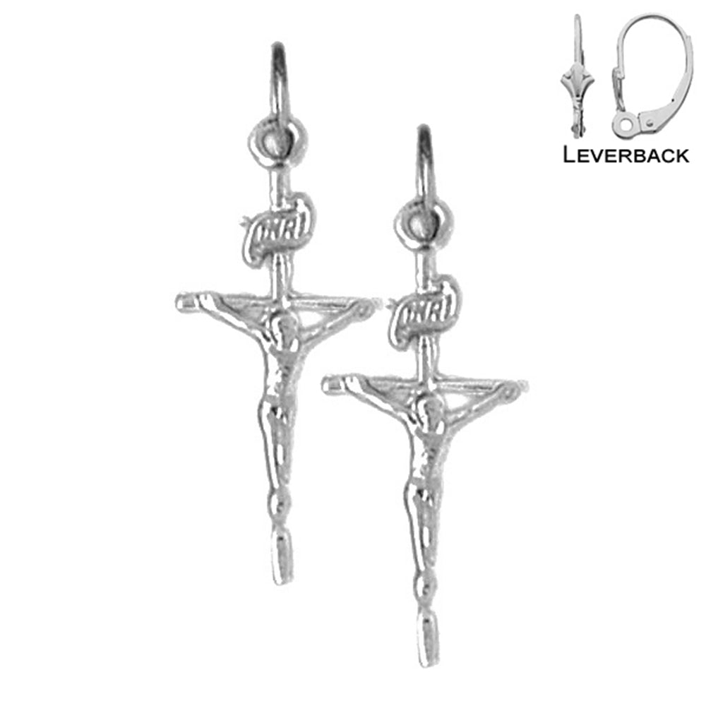 Sterling Silver 27mm INRI Crucifix Earrings (White or Yellow Gold Plated)