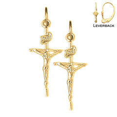 Sterling Silver 27mm INRI Crucifix Earrings (White or Yellow Gold Plated)