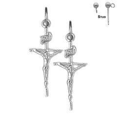 Pendientes de crucifijo INRI de plata de ley de 27 mm (chapados en oro blanco o amarillo)