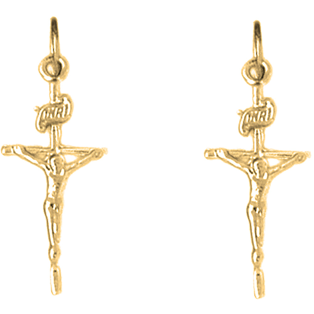 Yellow Gold-plated Silver 27mm INRI Crucifix Earrings