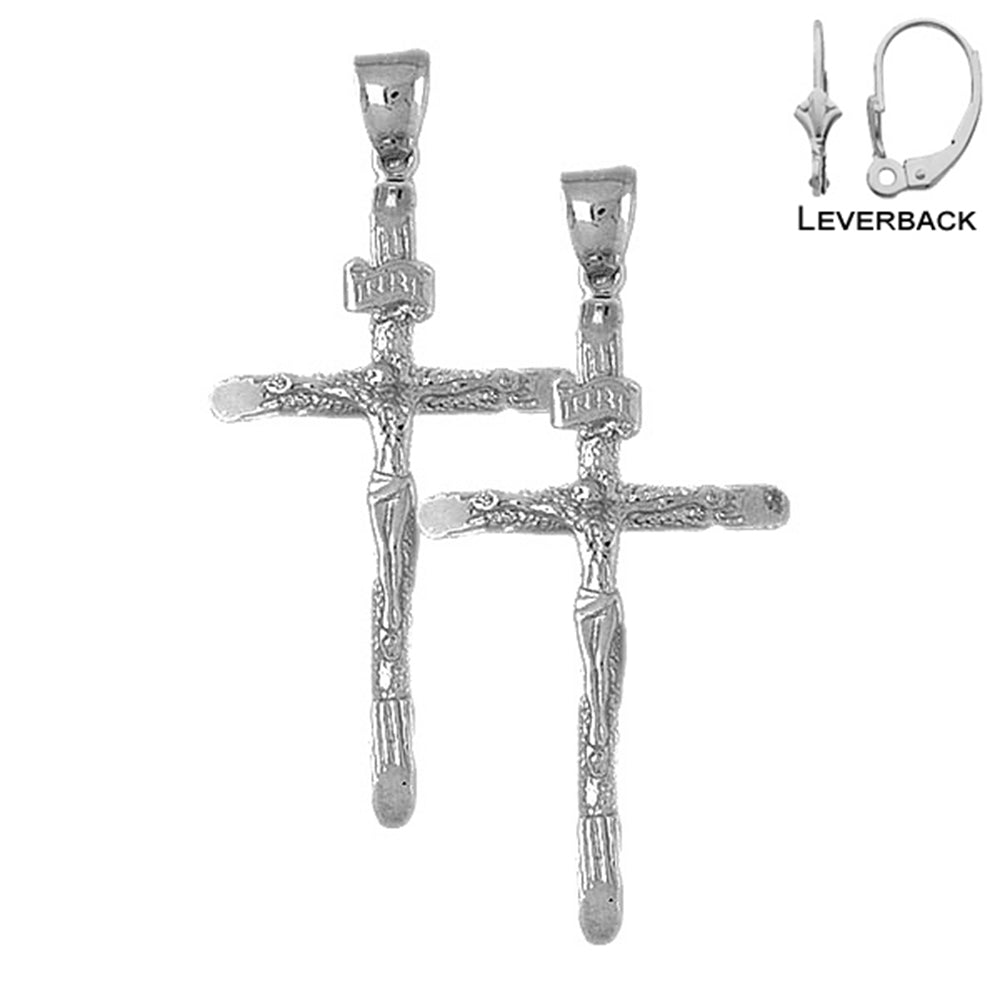 Sterling Silver 54mm Hollow INRI Crucifix Earrings (White or Yellow Gold Plated)