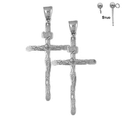 Sterling Silver 54mm Hollow INRI Crucifix Earrings (White or Yellow Gold Plated)