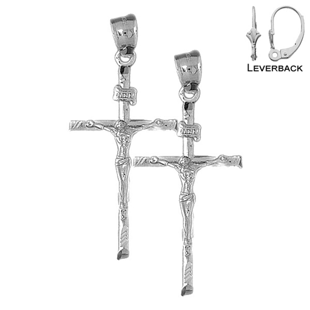 Sterling Silver 49mm Hollow INRI Crucifix Earrings (White or Yellow Gold Plated)