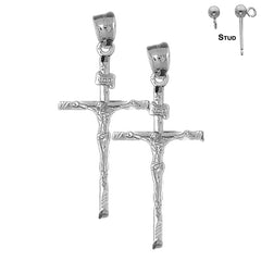 Sterling Silver 49mm Hollow INRI Crucifix Earrings (White or Yellow Gold Plated)