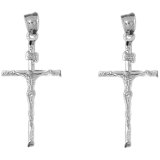 Sterling Silver 49mm Hollow INRI Crucifix Earrings