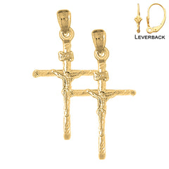 Sterling Silver 37mm Hollow INRI Crucifix Earrings (White or Yellow Gold Plated)