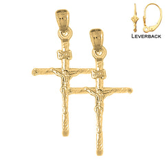 Pendientes de crucifijo INRI hueco de plata de ley de 37 mm (chapados en oro blanco o amarillo)