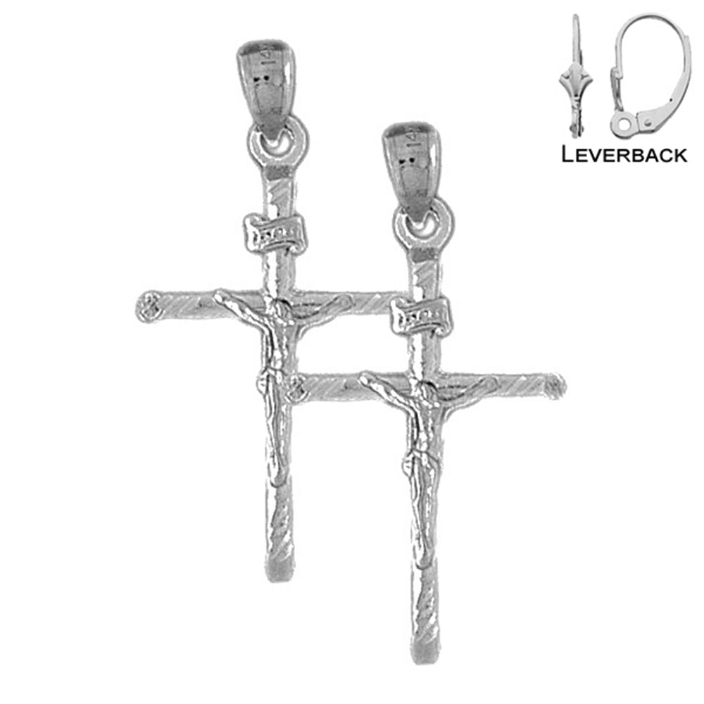 Sterling Silver 37mm Hollow INRI Crucifix Earrings (White or Yellow Gold Plated)