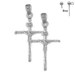 Pendientes de crucifijo INRI hueco de plata de ley de 37 mm (chapados en oro blanco o amarillo)