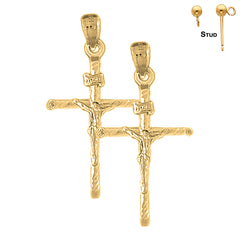 Sterling Silver 37mm Hollow INRI Crucifix Earrings (White or Yellow Gold Plated)