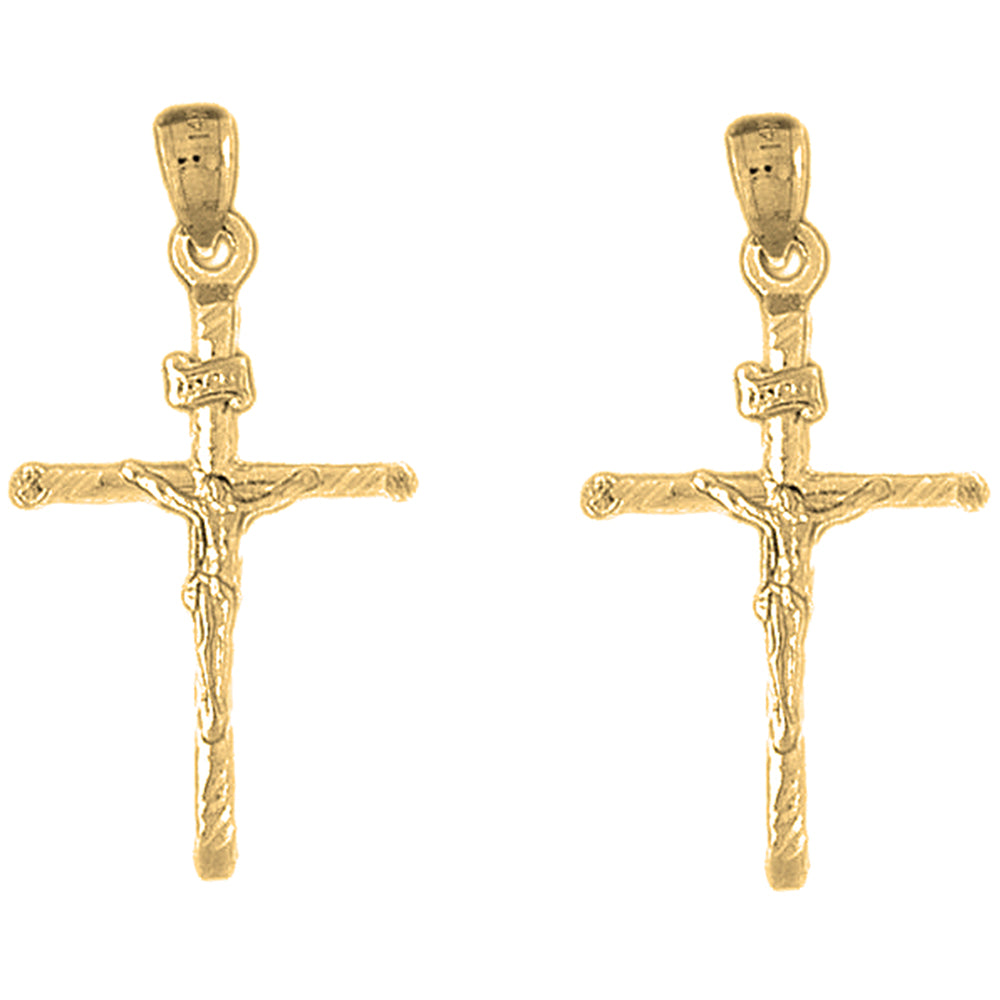 Yellow Gold-plated Silver 37mm Hollow INRI Crucifix Earrings