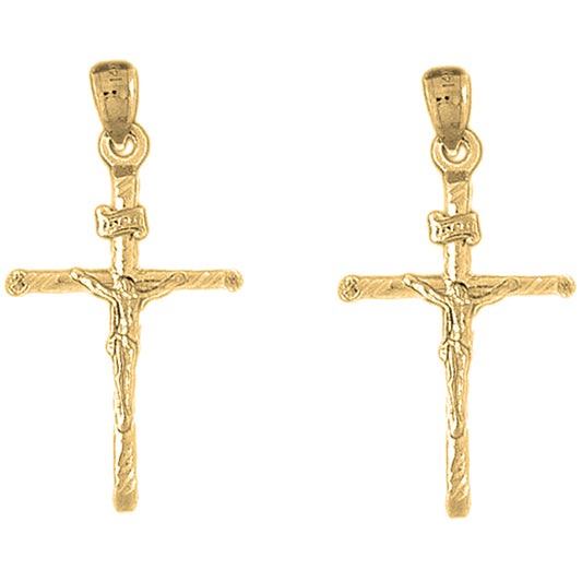 Yellow Gold-plated Silver 37mm Hollow INRI Crucifix Earrings