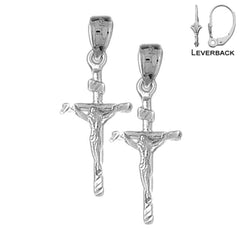 Pendientes de crucifijo INRI hueco de plata de ley de 30 mm (chapados en oro blanco o amarillo)