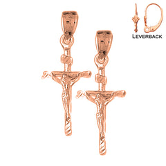 14K or 18K Gold Hollow INRI Crucifix Earrings