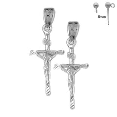 Pendientes de crucifijo INRI hueco de plata de ley de 30 mm (chapados en oro blanco o amarillo)