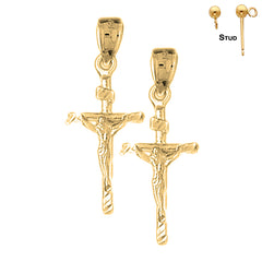 Sterling Silver 30mm Hollow INRI Crucifix Earrings (White or Yellow Gold Plated)