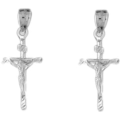 Sterling Silver 30mm Hollow INRI Crucifix Earrings